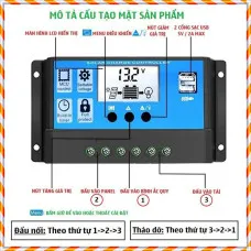 Điều khiển sạc năng lượng mặt trời, 12/24V/30A, có màn hình LCD hiển thị, có ngõ ra USB sạc điện thoại di động